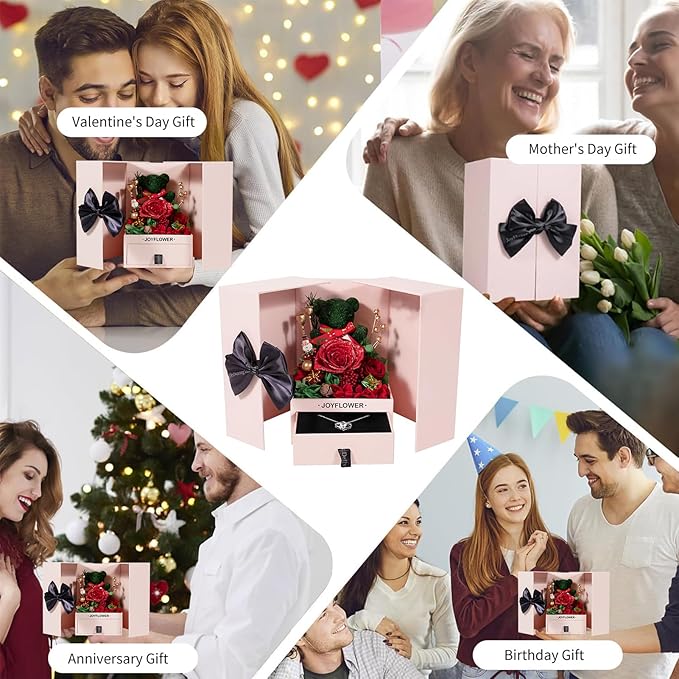 JoyFlower for Women, Christmas Decor with Forever Flowers, Preserved Flowers Bear with Necklace Gifts, Unique Eternal Rose Bear Gift on Christmas for Girlfriend Wife Mom Grandma Her