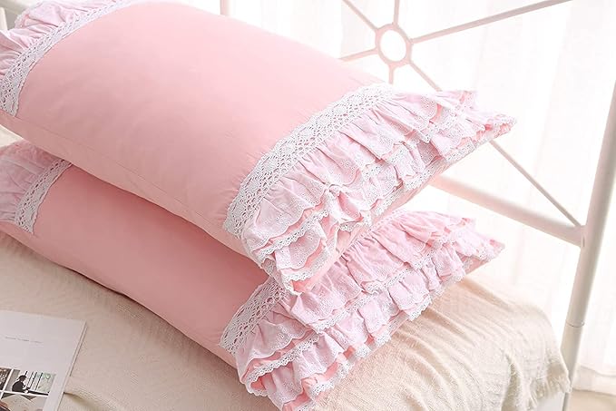 2-Pack Pink Pillow Shams Cases Covers with Ruffles and Lace Cotton King Size 20"X36"Soft Boudoir Luxurious