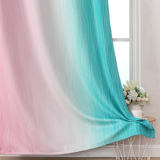 Estelar Textiler Pink and Teal Blackout Curtains for Kids Room, Full Room Darkening Grommet Ombre Curtains for Bedroom, Thermal Insulated Light Blocking Gradient Drapes, 52Wx63L, 2 Panels