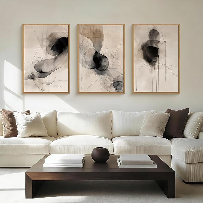 HPNIUB Abstract Beige Framed Wall Art Set,Neutral Black Ink Line Wall Decor,Boho Geometric Line Art Print,Watercolor Minimalist Textured Brown Artwork for Living Room,Bedroom,Office -16''x24''x3