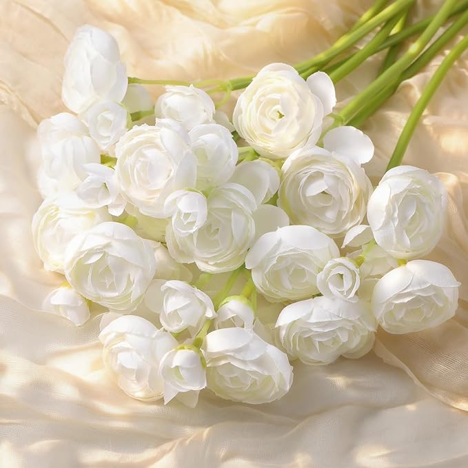 Alupssuc 30Pcs Ranunculus Artificial Flowers Faux Silk Mini Ranunculus, Spring Flowers Artificial Indoor for DIY Bouquets, Bulk Fake Wedding Filler Flowers for Bride Shower Decorations, Ivory White