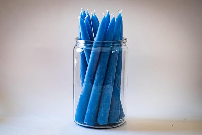 100% Pure Beeswax Taper Candles - All-Natural Handmade Decorative & Dipped Smokeless Unscented Candles for Christmas, Advent, and Hanukkah, Rustic Blue, 8.5 Inches, 12 Candle Set, by BeeTheLight
