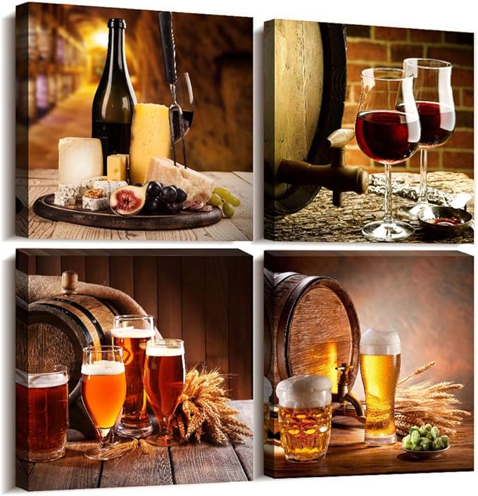Kitchen wall decor Restoring ancient ways Still life Wine glass Wine barrel Canvas Prints Wall Art for Dining Room Bar Home Decorations 16x16 inch/4 piece restaurant posters decor Artwork Home decor