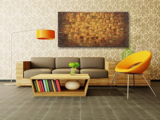 MyArton Textured Abstract Squares Canvas Wall Art Hand Painted Modern Golden Yellow Oil Painting Picture for Home Decoration Ready to Hang 40x20inch