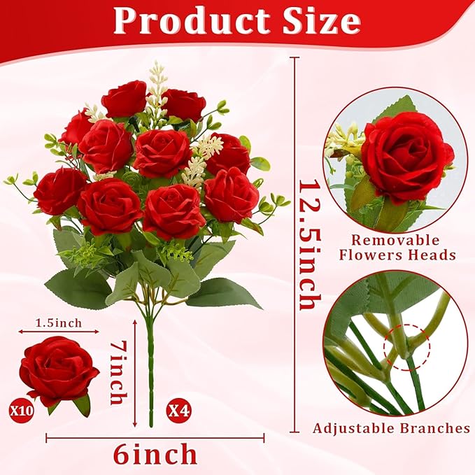 TURNMEON 40 Heads Fake Roses Artificial Flowers for Outdoors Summer Decor, 4 Bouquets UV Resistant Fake Flower Bouquet Faux Silk Roses for Wedding Birthday Party Home Mother's Day Cemetery Decor(Red)
