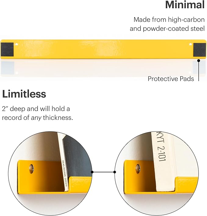 Vinyl Record Shelf - A Metal Display Shelf - Wall Mount Now-Playing Vinyl Shelves - an Album Record Holder That Doubles as a Picture Ledge - Fits All Records (Yellow)