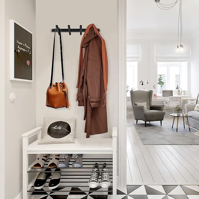 KYSMOTIC Modern Wood Coat Rack - Wall Mounted - Black 4 Peg Coat Hooks - Hanging Clothes Robes Towels Hats