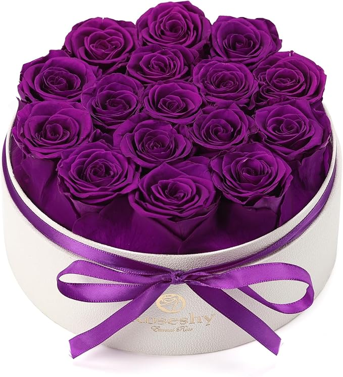 Mothers Day Flowers Roses Gifts for Mom,16pcs Purple Forever Preserved Roses in Round Gift Box,Mothers Day Delivery Prime Gifts-Roses Gifts for Women,Mom.