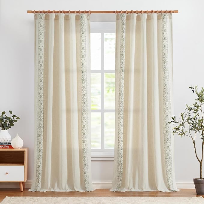 jinchan Weslie Boho Curtains for Living Room Sage Green Vintage Floral Farmhouse Curtains 108 Inches Long Linen Drapes for Bedroom Embroidered Extra Long Light Filtering Drapes 2 Panels