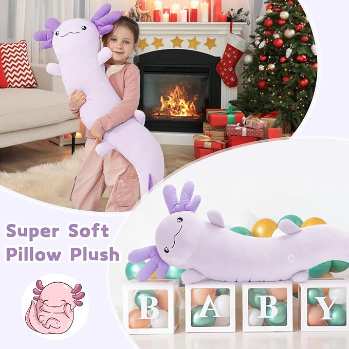 MaoGoLan Giant Axolotl Plush Toy Stuffed Animal, Huge Axolotl Body Pillow for Kids Girl Boy, Long Purple Salamander Plush Glow in The Dark, Valentine Birthday Gifts Holiday Easter Decor