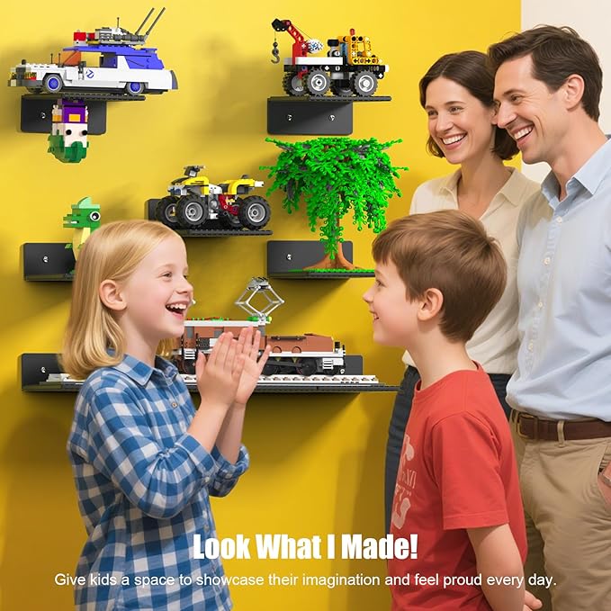 BlissBox 9-Pack Floating Shelves for Wall Compatible with Lego Building Bricks, 5x5.5inch Dual‑Sided 16x17 Studs for Toy Brick Storage and Display, ABS Display Shelves for Room Decor, Black
