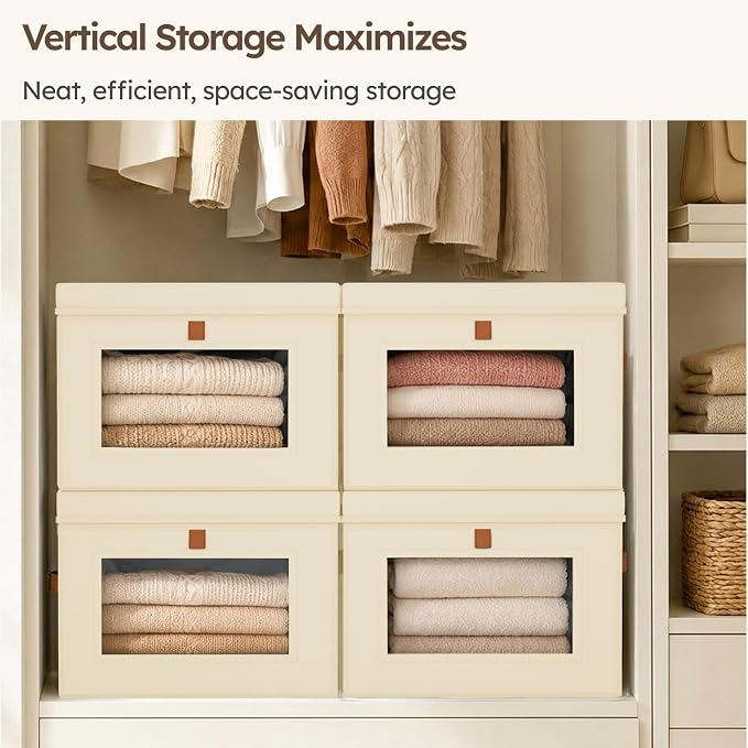 Homsorout Storage Bins with Lids - Front Opening Storage Box with Clear Window & Handles, Stackable Foldable Fabric Bins for Closet Organization, Clothes, Sweaters, Towels, Blankets, 3 Pack, Beige