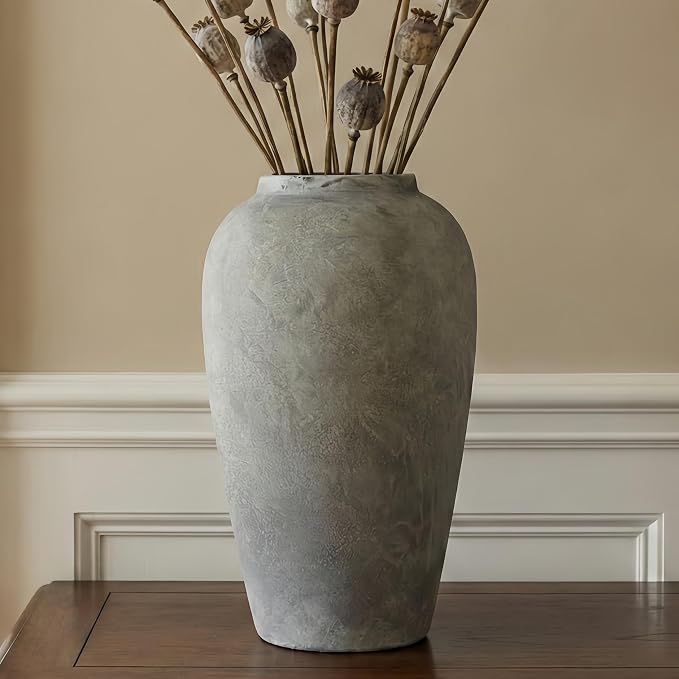 12 Inch Ceramic Rustic Vase, White Grey Farmhouse Flower Vases for Centerpieces & Home Decor, Handmade Pottery Vase for Living Room, Bedroom & Wedding Decor, Vintage Ceramic Vases for Gifts