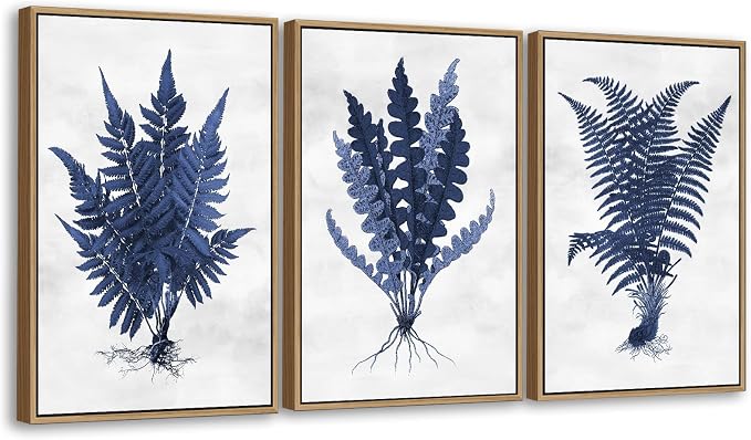 Large Botanical Wall Art for Living Room Natural Wood Float Framed Art Set of 3 Plant Pictures Boho Artwork Navy Blue Grass Canvas Prints for Bedroom Kitchen Home Office Wall Decor 32"X48"X3