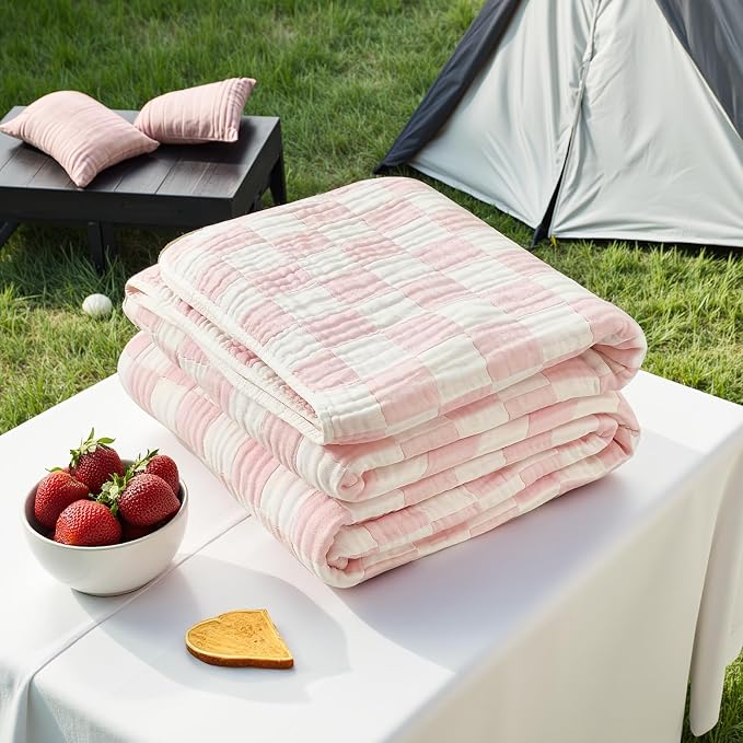 NIDITW Checkerboard Cotton Muslin Throw Blanket for Couch 6-Layer Checkered Gauze Blanket Soft Breathable All Season for Couch Bed Sofa (Pink, Throw)