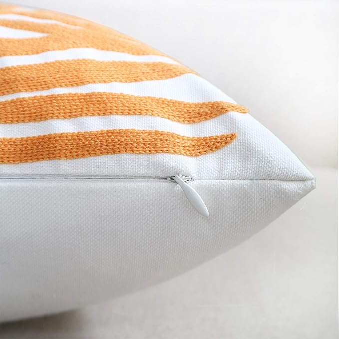 Embroidery Throw Pillow Covers 18x18 Home Decor Floor Pillow Cover for Couch Bed Chair 100% Cotton Loop Embroidered Orange Tropical Leaves Cushion Cover Square Pillowcase 45x45cm, 1 Piece