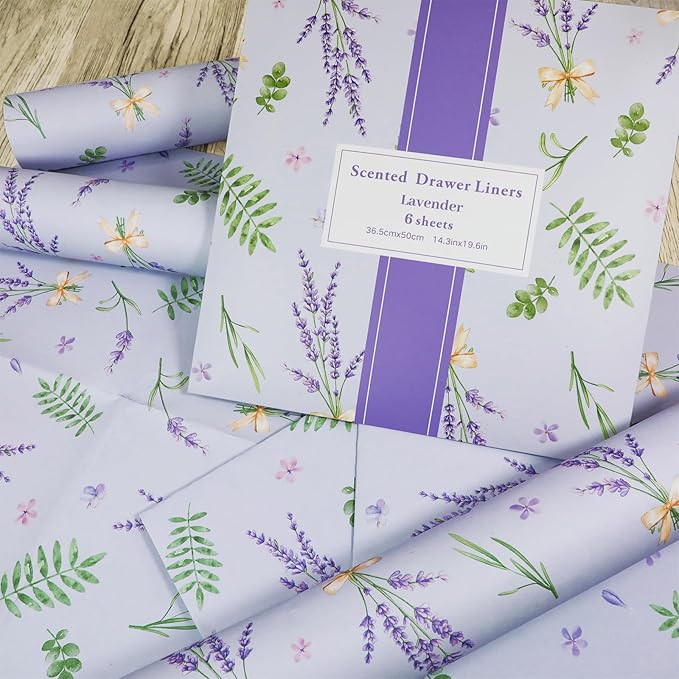 SCENTORINI Lavender Scented Drawer Liners for Dresser, 14.3 x 19.6 Inch 6 Sheets, Non-Adhesive Drawer Shelf Liners for Bedroom Dresser, Kitchen Cabinets, Home Shelf Closet