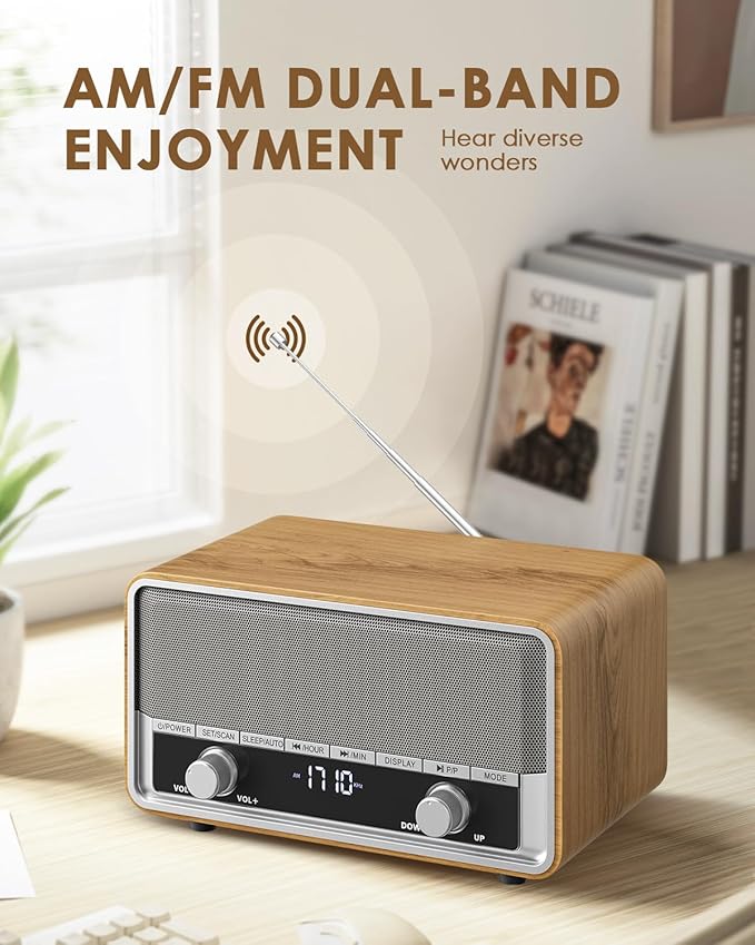 Vintage Wood AM FM Bluetooth Radio with Clock, Digital Clock Radio for Bedroom with LCD Display | 40 Presets | Sleep Timer | No Alarm, Retro Bluetooth Speaker for Office, Kitchen (Light Walnut)