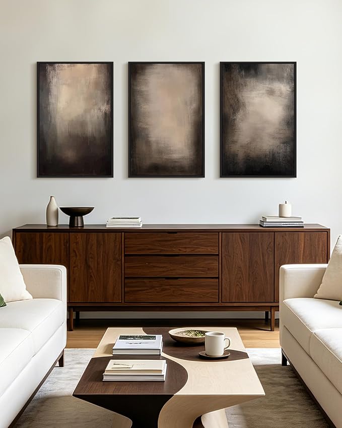 PHOPAGO Abstract Framed Wall Art Large 16x24in Earthy in Deep Brown and Beige Tones Modern Art Decorative Keep Clam Bedroom Hallway Home Decor - Black Framed