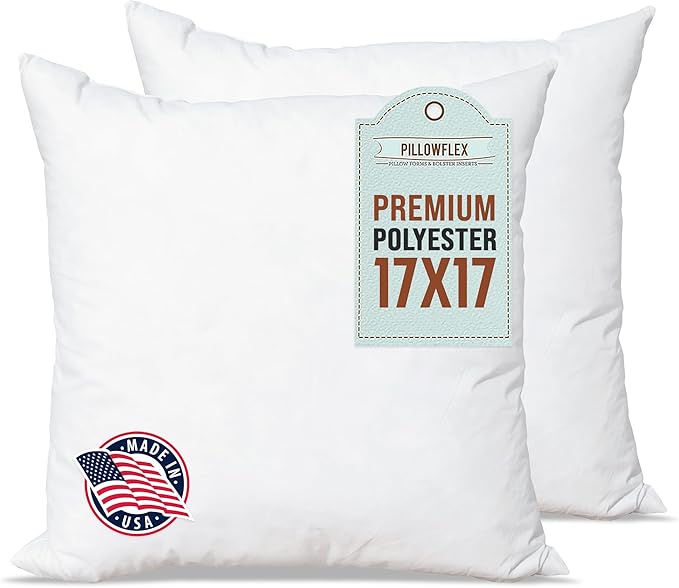 Pillowflex Premium Polyester Pillow Insert – 17x17 - Square Pillows Form, Machine Washable, Soft Sham Supports, Decorative Form for Covers and Throw Pillows, Hypoallergenic - Made in USA - 2 Pack