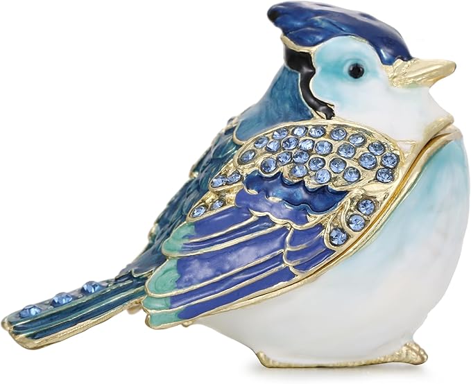 Hand Painted Enamel Blue Jay Trinket Box for Home Decor, Hinged Jewelry Organizer for Ring Earrings, Unique Figurine Keepsake Collectible Personalized Elegant Handmade Ornament Gifts (Blue Jay)