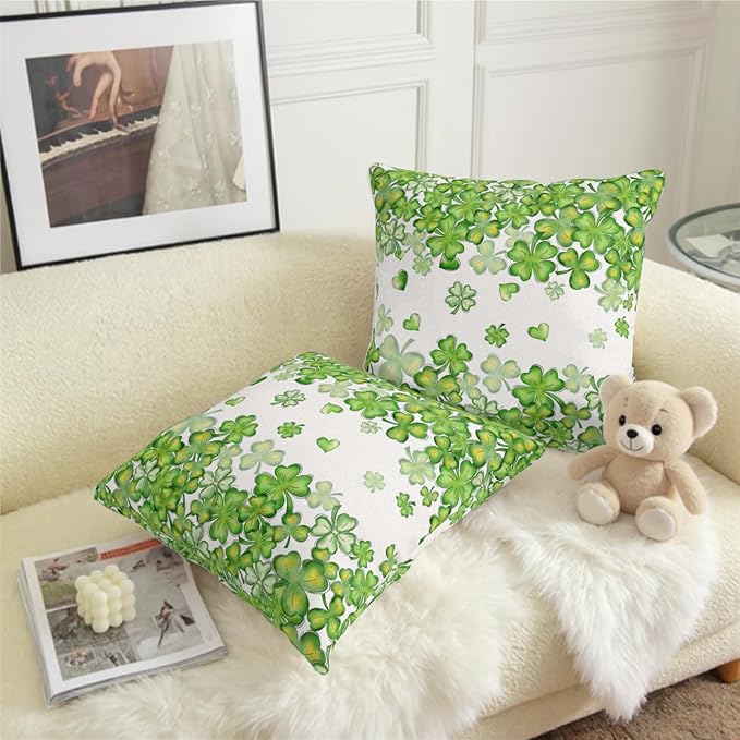Set of 2 Saint Patricks Day Pillow Cases Lucky Charms Throw Pillow Covers 20x20 Shamrock Clover Square Cushion Cases for Home Sofa Bedroom Living Room St Patricks Day Decor