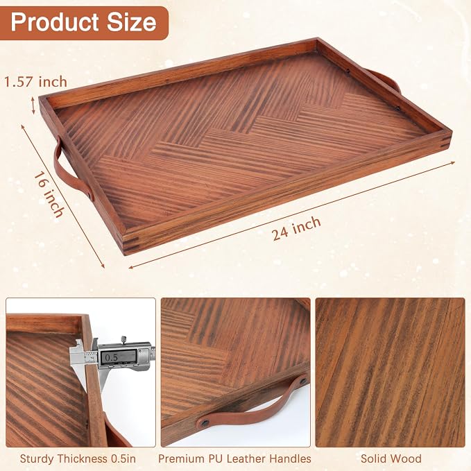 SXNOWS Wooden Serving Tray with Leather Handles, 24x16 in | Large Rectangle Wood Tray,Perfect for Ottoman Coffee Table Living Room and Kitchen, Rustic Gift for Home Decor