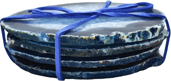 Nature's Decorations Blue Agate Stone Coasters - Set of 4, Polished Geode Drink Mats for Dining & Coffee Table & Kitchen Geode Decor Non-Toxic 3.5-4" Diameter