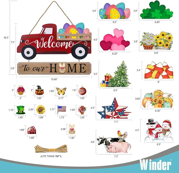 Winder 20Pcs Interchangeable Welcome Sign for Front Door,Seasonal Red Truck Decor Hanging Sign for Valentines,Easter, Independence Day,Halloween,Christmas Home Decor,Housewarming Gift
