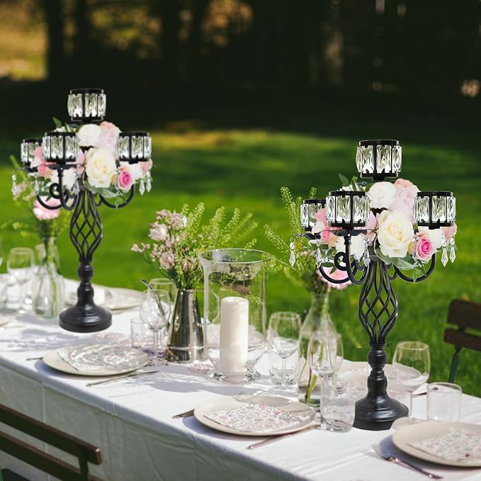 23.2 inch Tall Elegant and Chic 5 Arm Pendant Crystal Candlestick Holder Table Decoration tealight Candle Holder, Candelabra for Gorgeous Wedding/Parties Table Centerpiece (1, Black)