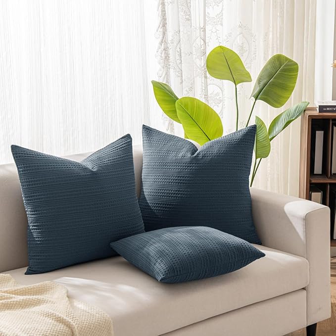 18x18 Throw Pillow Covers Set of 2 Boho Decorative Pillow Shams Stone Washed Cotton Pillowcase Waffle Square for Couch Sofa Chair Bed Car, Blue Grey