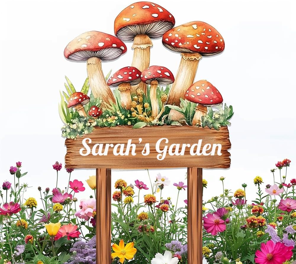 Personalized Mushroom Metal Sign with Stake,Custom Gardener Family Name Signs Outdoor Decor,Customized Flower Gardening Housewarming Gifts,Flowers Plaques for Patio Lawn Porch Backyard Farmhouse