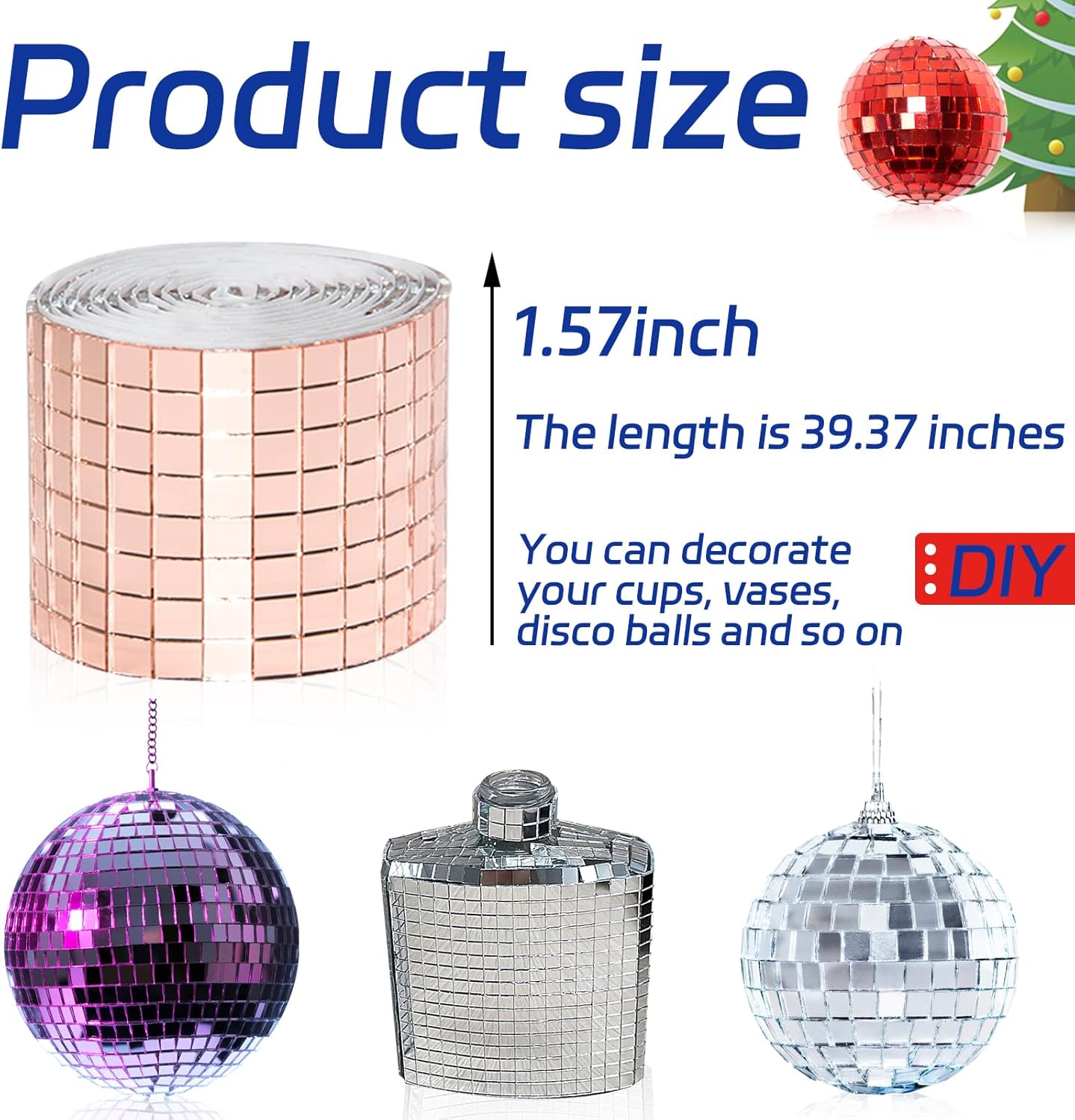 Self Adhesive Mosaic Tiles, 3200 Pieces Disco Ball Tiles, 5 x 5 mm Glass Mirror Mosaic Tiles, Square Mirror Tiles Sticker for DIY Vase, Art Collage, Photo Frames, Home Party 2 Rolls (Rose Gold)