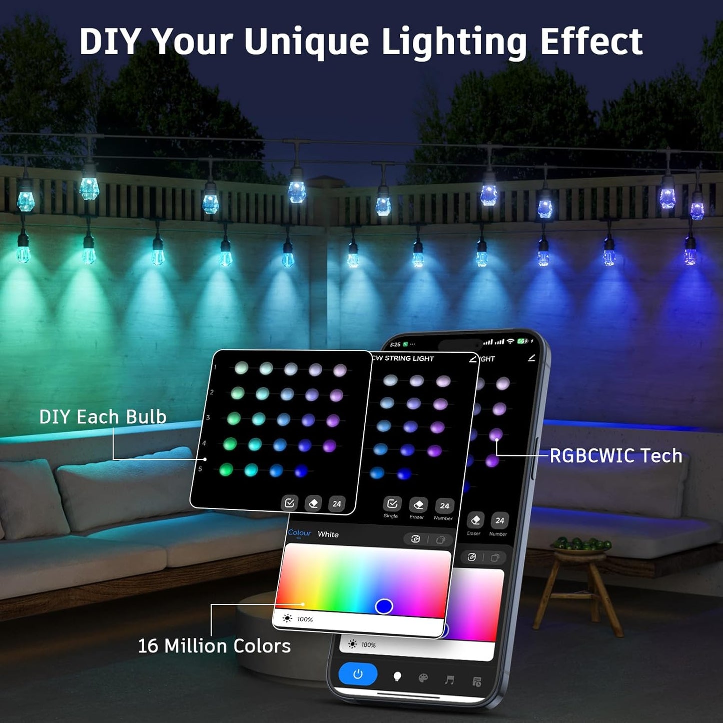 XMCOSY+ Smart Outdoor String Lights - 64ft RGBCWIC Patio Lights with 24 Color Changing Bulbs, LED String Light for Outside Backyard Bistro Party, APP WiFi Control, Work with Alexa, IP65 Waterproof
