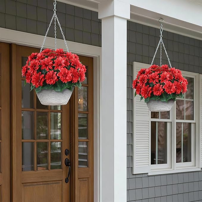 VIERENA 16 Bundles Artificial Dahlia Flowers for Outdoors Spring Summer Decor, No Fade Silk Flower Faux Dahlias Plant Arrangement for Home Garden Balcony Farmhouse（Red）