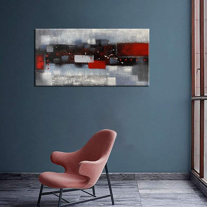 Handmade Abstract Red Gray Oil Painting, Thick Textured Linen Artwork, Modern Decoration Wall Art, Framed Painting Picture 48x24inch