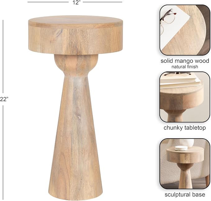 Kate and Laurel Solbrett Transitional Sophisticated Round Side Table, 12 x 12 x 22, Light Natural, Sculptural Living Room End Table with Unique Pedestal Table Design for Use as Bedroom Nightstand
