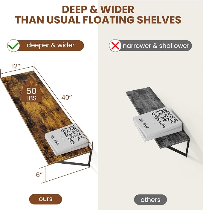 Heimlove Deep Floating Shelves for Wall, 40W x 12D Wood Wall Shelves Set of 2, Wide Floating Bookshelf for Living Room, Kitchen, Office, Bedroom and Decor Storage, with Metal Bracket - Rustic Brown
