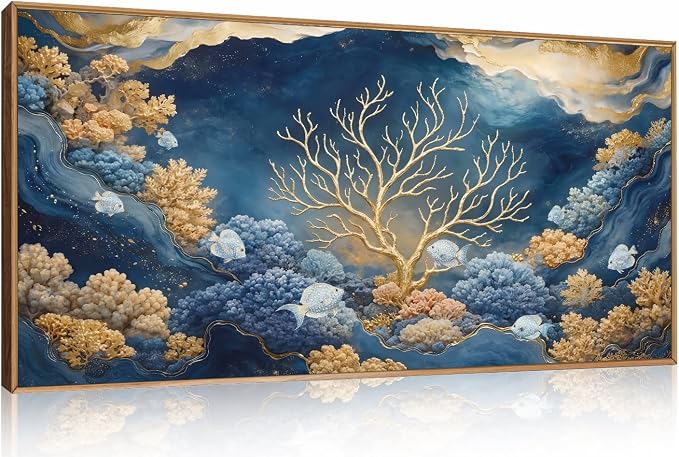 HPNIUB Blue Dreamy Underwater Framed Canvas Wall Art 40"x20" | Modern Gold Coral Seascape Decoration Abstract Navy Ocean Marine Fish Artwork Living Room Bedroom Farmhouse Office