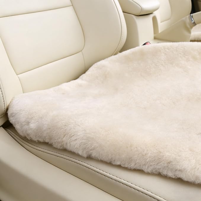 OGLAND Fuzzy Genuine Sheepskin Car Seat Cover for Auto Fluffy Interior Accessories Cushion with Soft Wool Natural Fur Non-Slip (Pearl, Front20*20Inch)