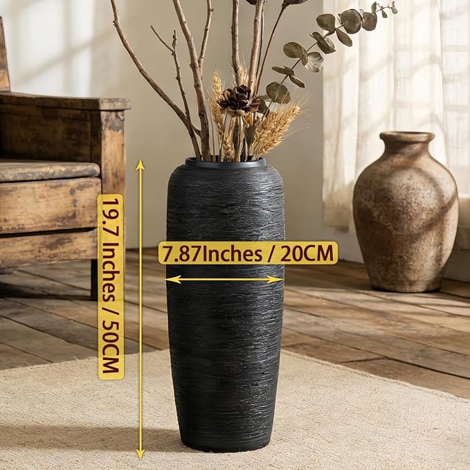 Large Rustic Ceramic Black Vase,19.7 Inch Tall Pottery Farmhouse Decor Floor Vase Vintage Flower Vases for Home Living Room Entryway Table Centerpiece Decor,Terracotta Vases,Wedding Gift