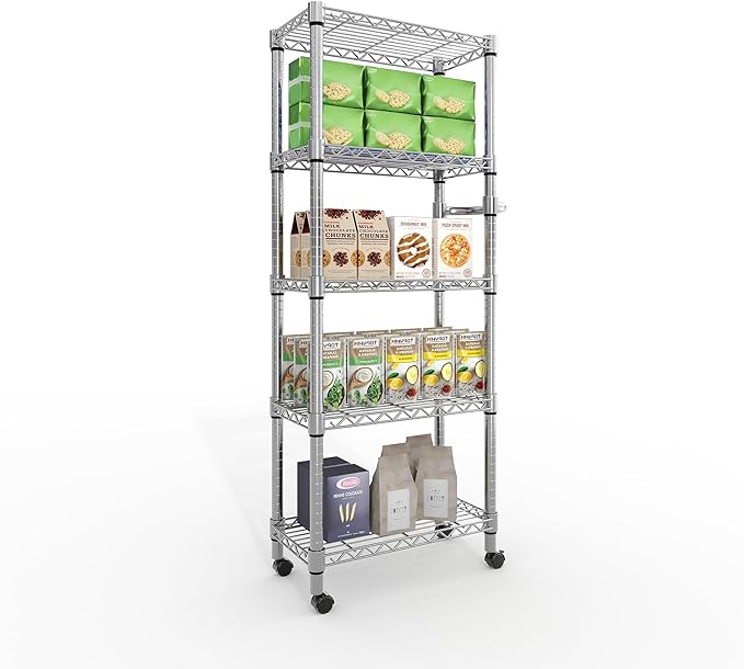 Garvee 5-Tier Storage Shelves Heavy Duty Metal Wire Rack Shelving, 1100 LBS Capacity Rolling Storage Rack with Wheels, for Living Room Pantry Kitchen Bedroom Organization