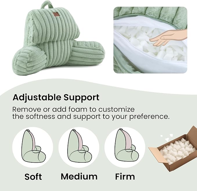 Amélie Home Faux Fur Reading Pillow with Pocket for Sitting in Bed, Kids Backrest Bed Pillow with Washable Cover for Lounging, Watching TV/Gaming/Resting/Post/Surgery/Nursing, Sage Green 17 inches