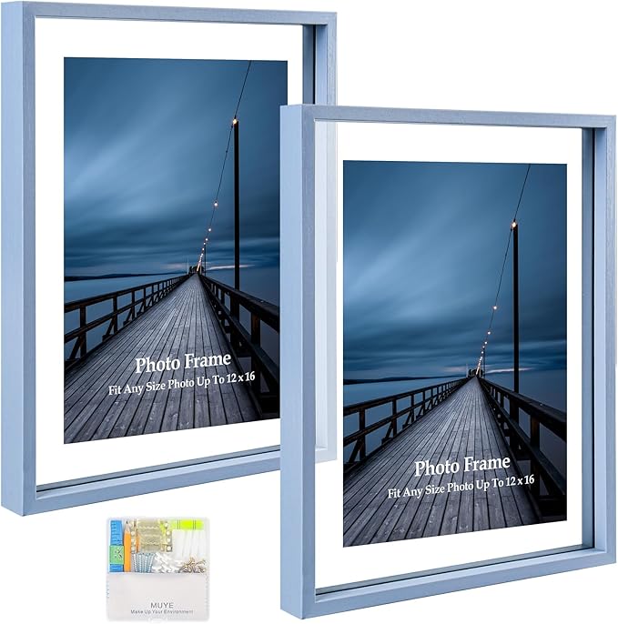 MUYE 12x16 Floating Frame Set of 2,Double Real Glass Photo Frame,Display Any Size Photo up to 12x16,Wall Mount or Tabletop Standing,Blue