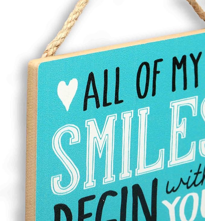 Peanuts Snoopy All My Smiles Begin With You Hanging Wood Wall Decor - Cute Snoopy Sign - Great Gift Idea