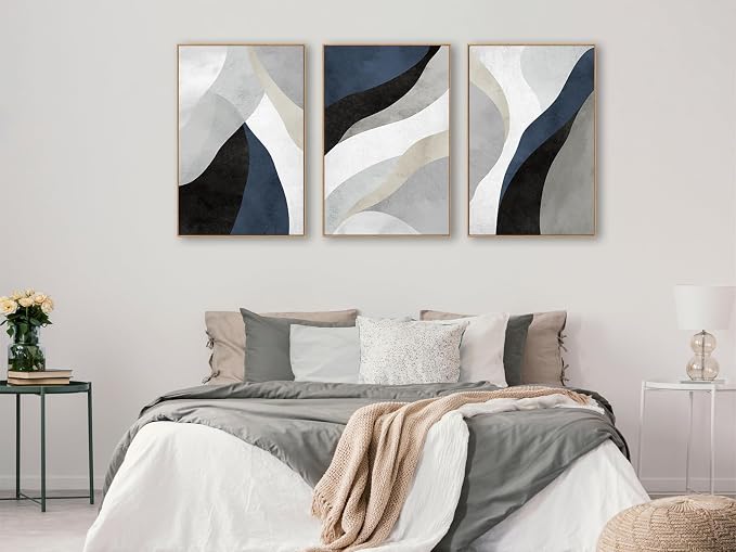 Large Abstract Framed Wall Art - Modern Canvas Wall Art Pictures Prints for Living Room Decor Natural Float Framed Artwork for Bedroom Kitchen Home Office Decoration 72" X 36" Set of 3 Blue Grey White