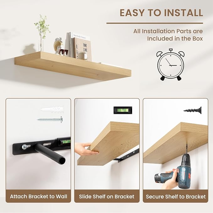Dreamland 8" Deep Long Floating Shelves, 32 Inches Floating Shelves for Wall Set of 2, Large Display & Storage Shelf, Wall Shelf for Bathroom Bedroom Living Room Kitchen Office, Oak