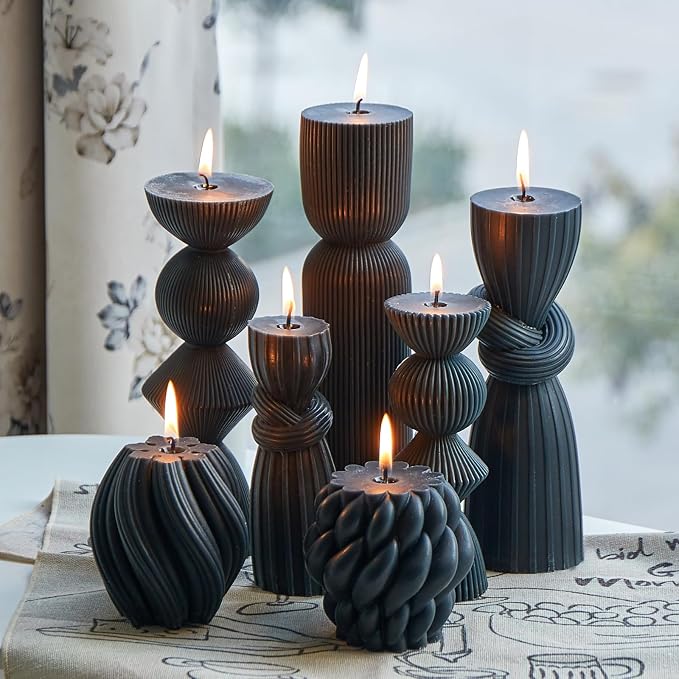 7 Pcs Large Ribbed Pillar Candles - Handmade Soy Wax Candles for Home Decor, Modern Shelf Decor, Housewarming Gift, Aesthetic Room Decor (Black)