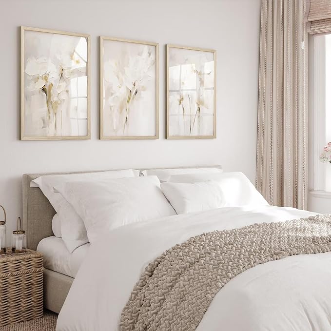 Neutral Wall Art Abstract Floral Canvas Pictures Beige Flower Wall Decor Modern Painting Minimalist Poster Abstract Botanical Prints White Artwork for Bedroom Living Room 16x24x3 Inch Wood Framed