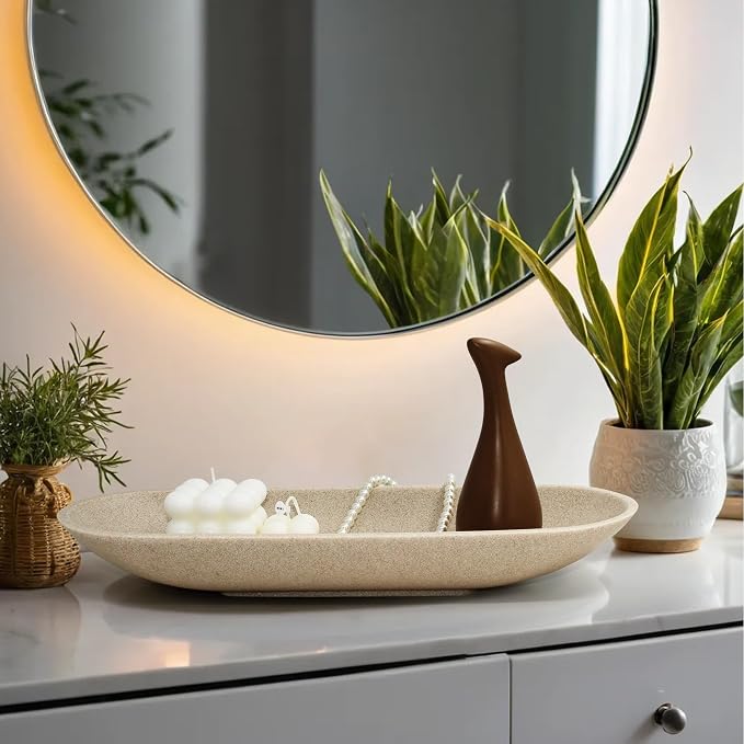 Long Decorative Bowl for Centerpiece, Dough Bowl for home decor 16" Beige | Minimalist Design Dough Bowl Decor for Coffee Table and Dining Table Centerpiece. Clutter Organizer with Anti-Slip Base
